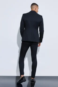 Tonal Houndstooth Single Breasted Jacket | BoohooMAN UK