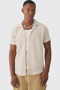 Tonal Stripe Open Stitch Resort Shirt | BoohooMAN UK