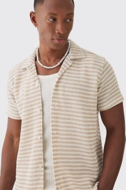 Tonal Stripe Open Stitch Resort Shirt | BoohooMAN UK