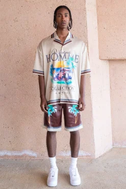 Toosii Boxy Oversized Satin Graphic Shirt And Shorts | BoohooMAN UK