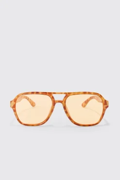 Tortoise Aviator Sunglasses In Brown | BoohooMAN UK