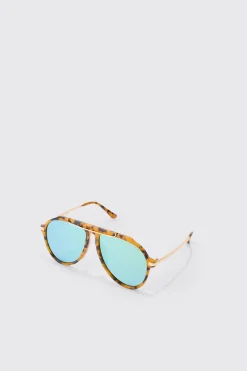 Tortoise Metal Frame Aviator Sunglasses In Brown | BoohooMAN UK
