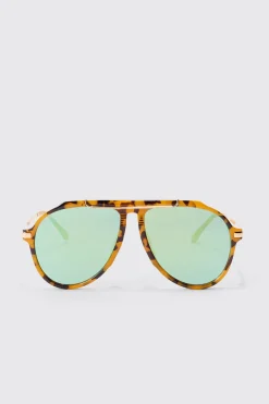 Tortoise Metal Frame Aviator Sunglasses In Brown | BoohooMAN UK