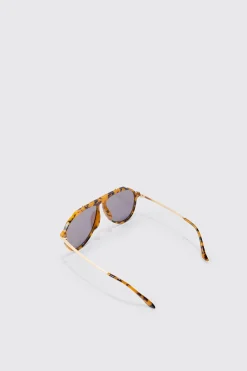 Tortoise Metal Frame Aviator Sunglasses In Brown | BoohooMAN UK