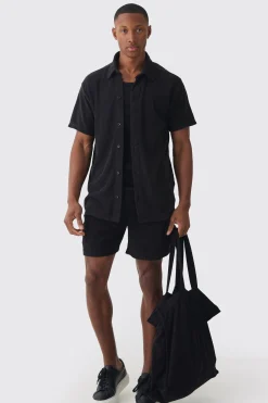 Towelling 3 Piece Shirt, Short & Tote Set | BoohooMAN UK