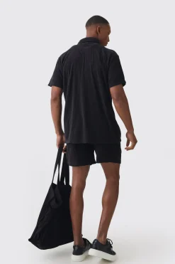 Towelling 3 Piece Shirt, Short & Tote Set | BoohooMAN UK