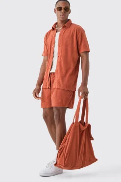 Towelling 3 Piece Shirt, Short & Tote Set | BoohooMAN UK