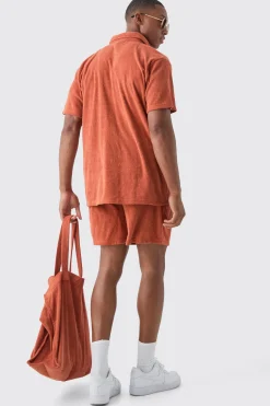 Towelling 3 Piece Shirt, Short & Tote Set | BoohooMAN UK