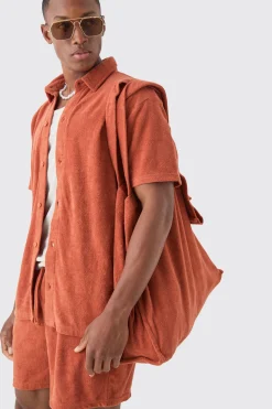 Towelling 3 Piece Shirt, Short & Tote Set | BoohooMAN UK