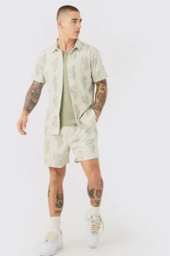 Towelling Cactus Shirt & Short Set | BoohooMAN UK