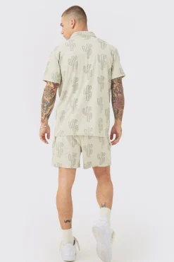 Towelling Cactus Shirt & Short Set | BoohooMAN UK