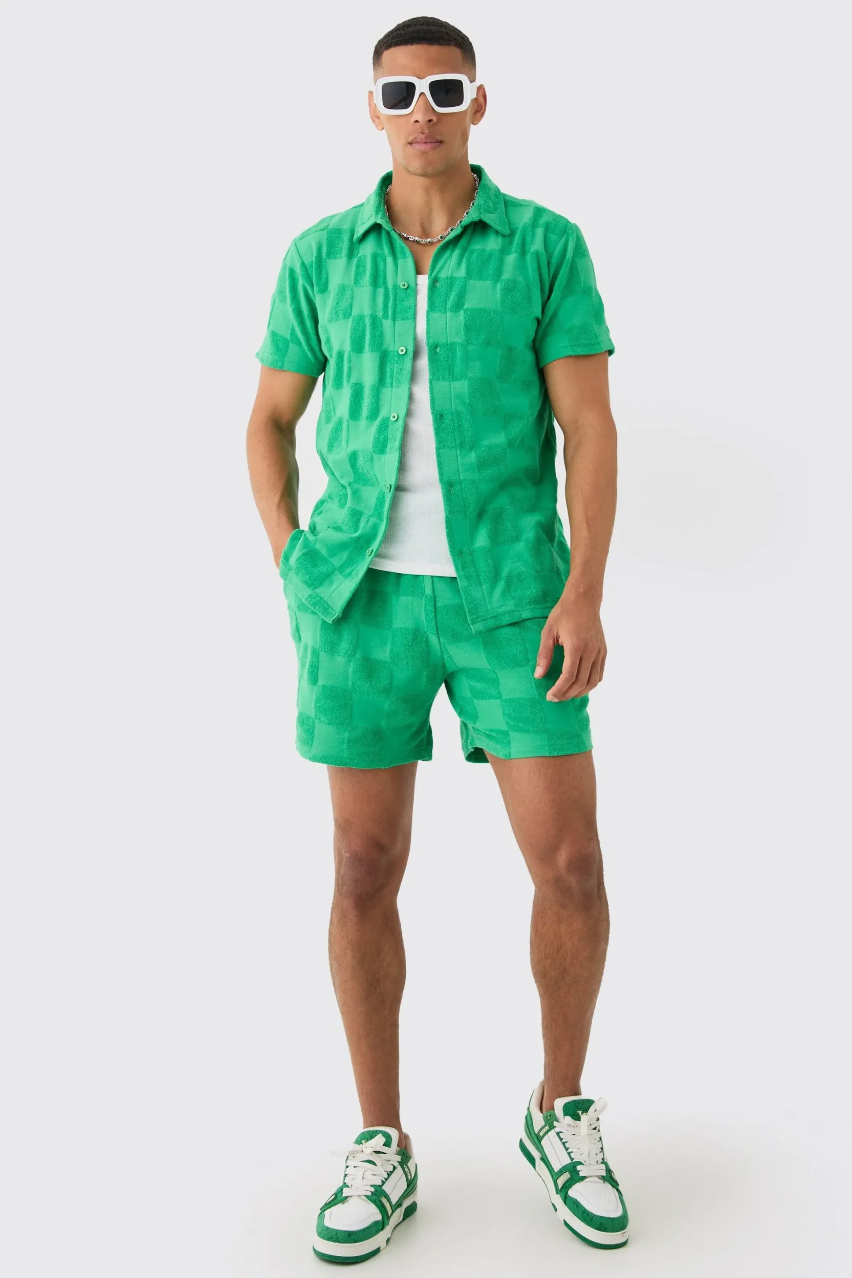 Towelling Checkerboard Shirt & Short Set | BoohooMAN UK