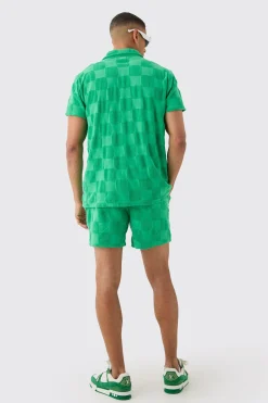 Towelling Checkerboard Shirt & Short Set | BoohooMAN UK