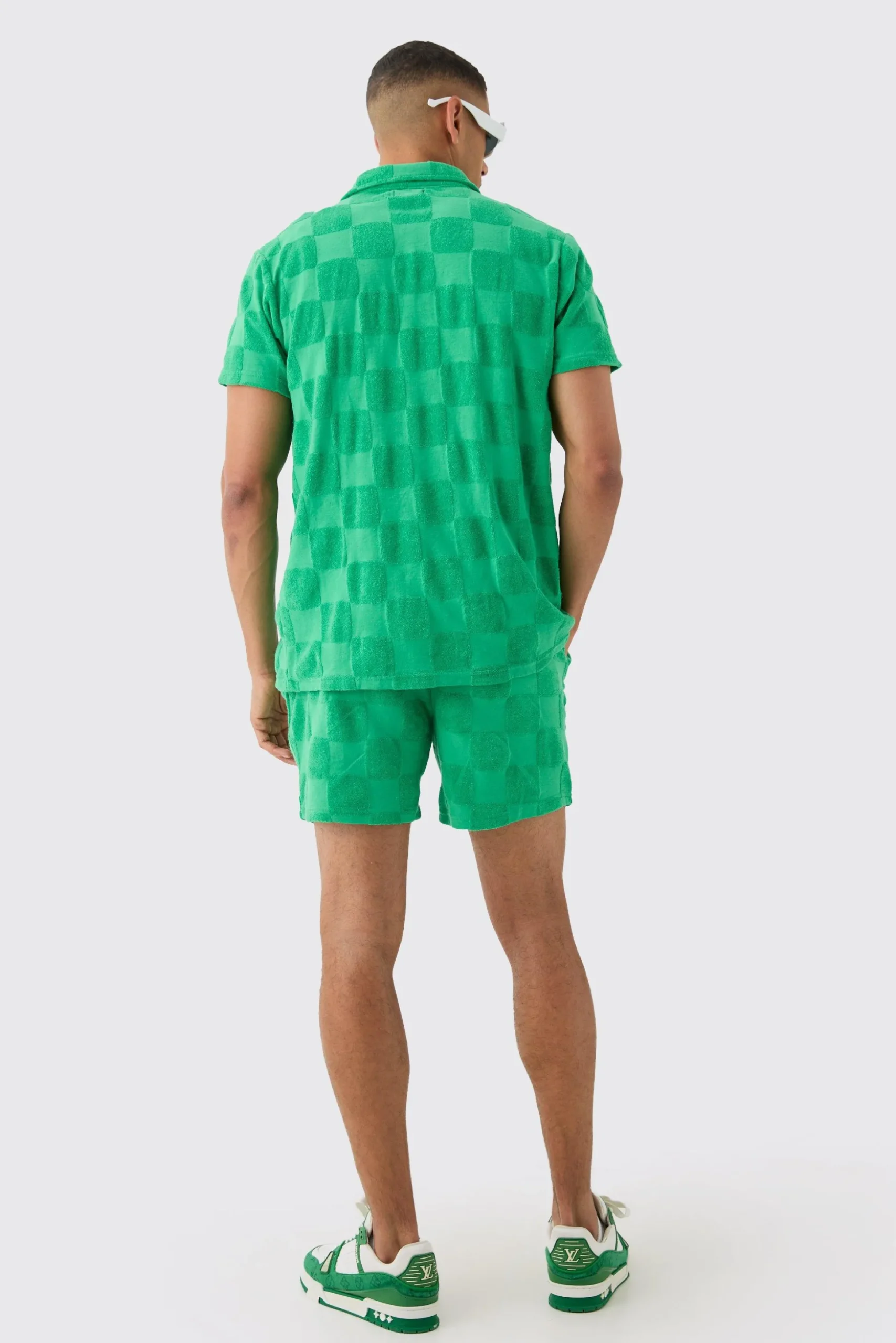 Towelling Checkerboard Shirt & Short Set | BoohooMAN UK