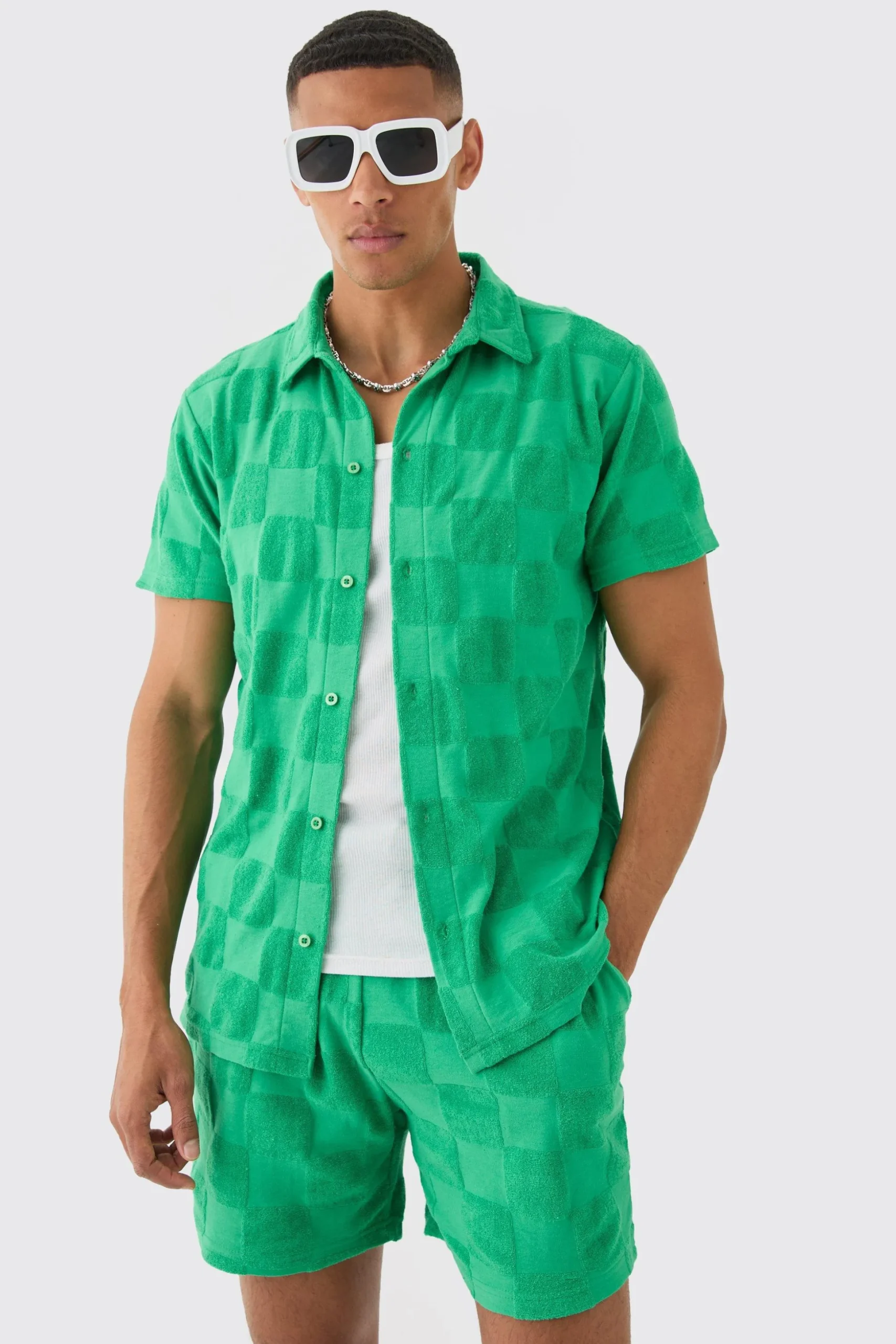Towelling Checkerboard Shirt & Short Set | BoohooMAN UK
