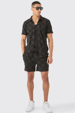 Towelling Checkerboard Shirt & Short Set | BoohooMAN UK