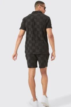 Towelling Checkerboard Shirt & Short Set | BoohooMAN UK