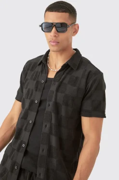 Towelling Checkerboard Shirt & Short Set | BoohooMAN UK