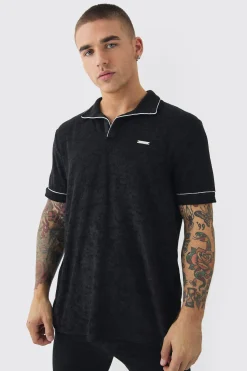 Towelling Polo With Piping & Metal Tab | BoohooMAN UK