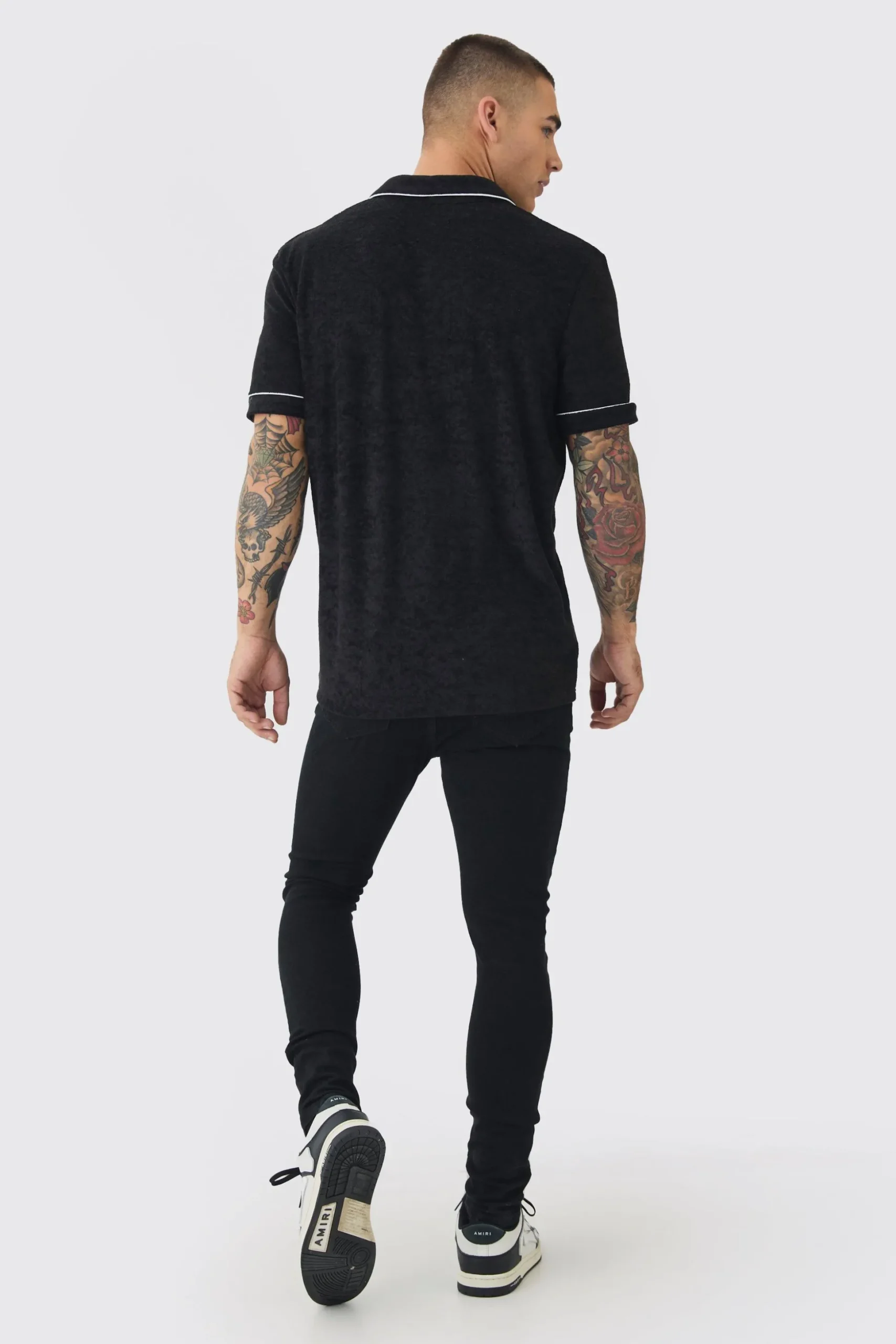 Towelling Polo With Piping & Metal Tab | BoohooMAN UK