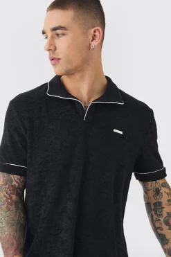 Towelling Polo With Piping & Metal Tab | BoohooMAN UK