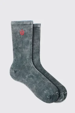 Trippie Redd Acid Wash Embroidered Socks | BoohooMAN UK