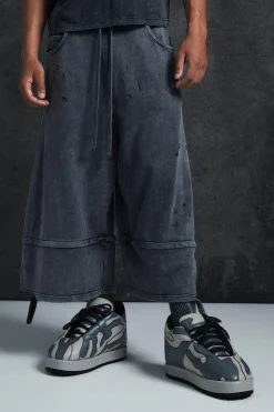 Trippie Redd Baggy Heavyweight Washed & Distressed Jort | BoohooMAN UK