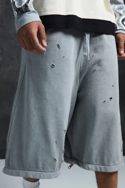 Trippie Redd Baggy Heavyweight Washed & Distressed Jort | BoohooMAN UK
