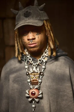 Trippie Redd Graphic Double Horn Cap In Grey | BoohooMAN UK