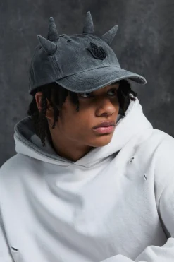 Trippie Redd Graphic Double Horn Cap In Grey | BoohooMAN UK