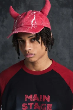 Trippie Redd Graphic Print Distressed Horn Cap In Red | BoohooMAN UK