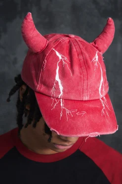 Trippie Redd Graphic Print Distressed Horn Cap In Red | BoohooMAN UK