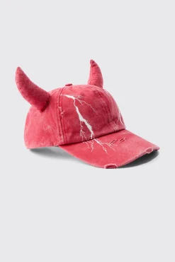 Trippie Redd Graphic Print Distressed Horn Cap In Red | BoohooMAN UK