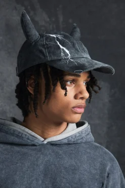 Trippie Redd Graphic Print Distressed Horn Cap In Black | BoohooMAN UK