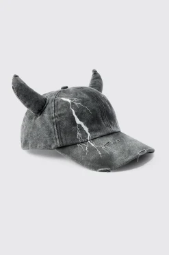 Trippie Redd Graphic Print Distressed Horn Cap In Black | BoohooMAN UK