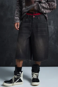Trippie Redd Long Line Boxer Waistband Denim Jorts | BoohooMAN UK