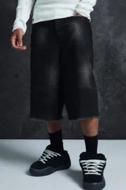 Trippie Redd Long Line Extreme Washed Denim Jorts | BoohooMAN UK