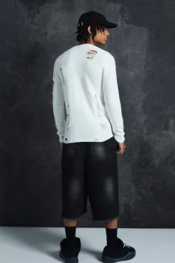Trippie Redd Long Line Extreme Washed Denim Jorts | BoohooMAN UK