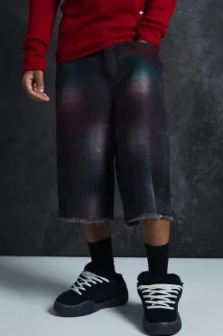 Trippie Redd Long Line Extreme Washed Denim Jorts | BoohooMAN UK