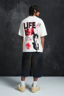 Trippie Redd Long Line Extreme Washed Denim Jorts | BoohooMAN UK