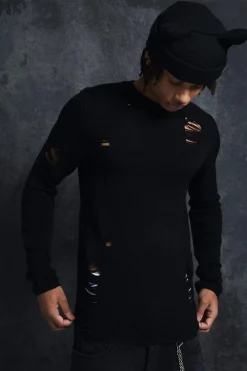 Trippie Redd Muscle Fit Distressed Jumper | BoohooMAN UK