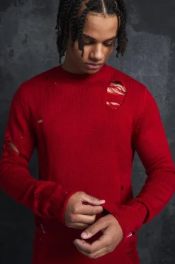 Trippie Redd Muscle Fit Distressed Jumper | BoohooMAN UK