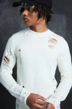 Trippie Redd Muscle Fit Distressed Jumper | BoohooMAN UK