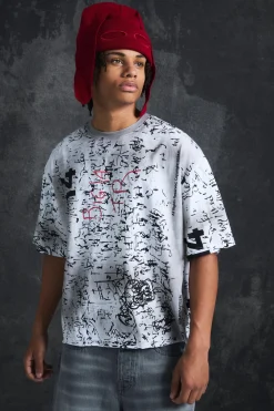 Trippie Redd Oversized Boxy Heavy Washed All Over Print T-shirt | BoohooMAN UK