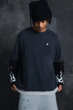 Trippie Redd Oversized Boxy Heavy Washed Faux Layer Flame Print T-shirt | BoohooMAN UK