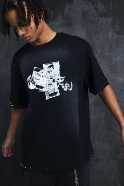 Trippie Redd Oversized Boxy Washed Heavy Weight Ring Detail T-Shirt | BoohooMAN UK