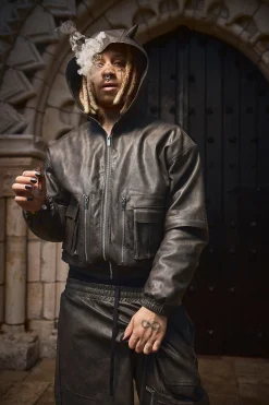Trippie Redd Oversized Boxy PU Horn Detail Bomber Jacket In Black | BoohooMAN UK