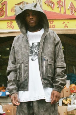 Trippie Redd Oversized Boxy Pu Horn Detail Bomber Jacket In Grey | BoohooMAN UK
