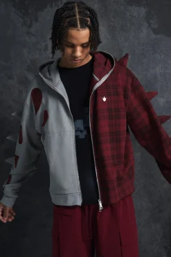 Trippie Redd Oversized Boxy Full Zip Through Spike And Check Hoodie | BoohooMAN UK