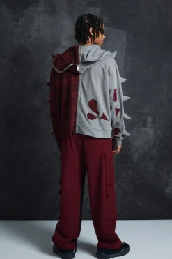 Trippie Redd Oversized Boxy Full Zip Through Spike And Check Hoodie | BoohooMAN UK